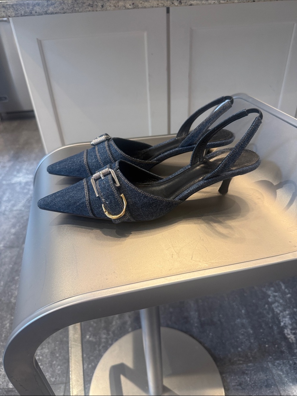 Givenchy Voyou Dark Denim Pointed Slingback Heels with silver and gold buckle